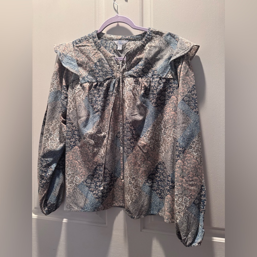 Time and Tru Blue and Pink Patchwork Paisley Ruffle Yoke Blouse